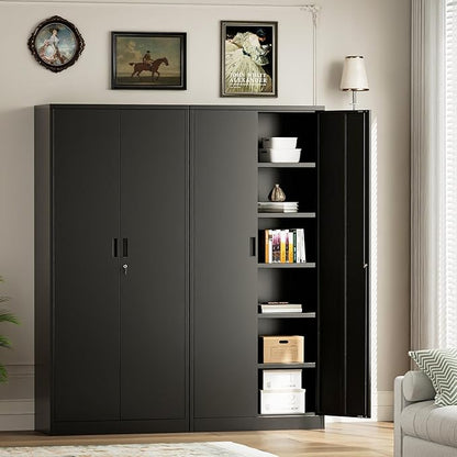 Metal Garage Storage Cabinets,71” Tall Metal File Cabinet with 5 Adjustable Shelves, Lockable Storage Cabinets for Office, Home, Garage, Warehouse 71" H x 32" W x 16" D (Black)