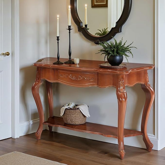 Tribesigns Vintage Console Table with Solid Wood Veneer, 47.2-Inch Mid-Century Modern Entryway Table with 2 Shelves, Victorian Furniture for Living Room, Hallway, Entrance, Foyer (Walnut)