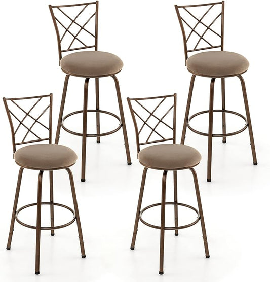 COSTWAY Bar Stools for Kitchen Island, 24/30 Inch Adjustable Seat Height Swivel Barstools, Plush Fabric Cushioned Seat & Cozy Backrest, Extra Leg Tubes for Height Adjustment, for Kitchen, Bar (4)