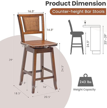COSTWAY Bar Stools Set of 2, 24.5 Inch Counter Height Bar Stool with Rattan Back, 360°Swivel Seat, Comfortable Footrests, Rubber Wood Bar Stools for Kitchen Island, Dining Room, Cafe, Pub (2)
