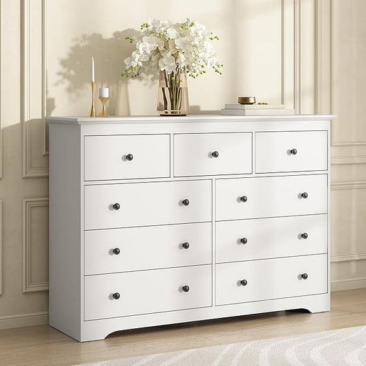 55 Inch Wide White Dresser for Bedroom, 9 Drawer Dresser with Large Drawers, Wood Chest for Living Room, Hallway