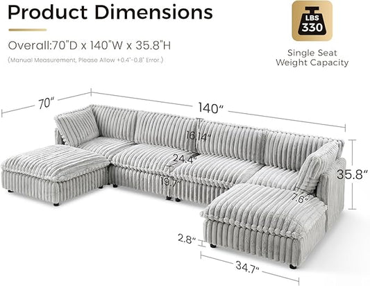 KKL Modular Sectional Couch for Living Room, U Shaped Corduroy Couches with 2 Ottomans, 6 Seater Oversized Sofa Convertible to Sleeper, Soft Fabric Modern Sofa, Grey