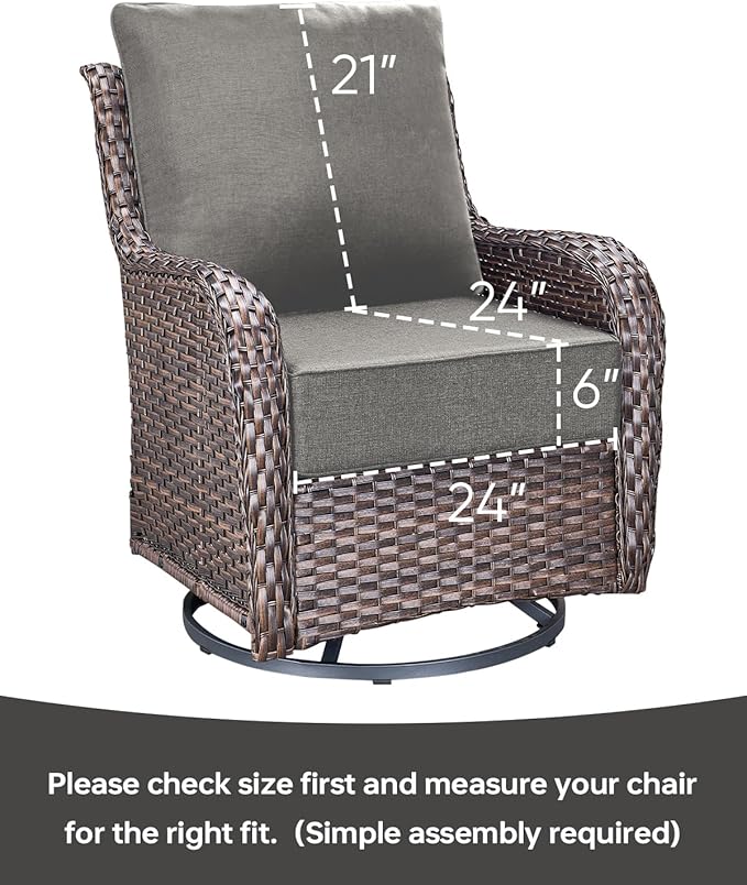 Luxury 24x24x6 Inch Outdoor Cushions - Water&UV&Fade Resistant 1 Set Patio Replacement Seat Cushion for Rattan Mental Wicker Dining Rocking Swivel Chairs Loveseat Couch Sectional Sofa - Grey