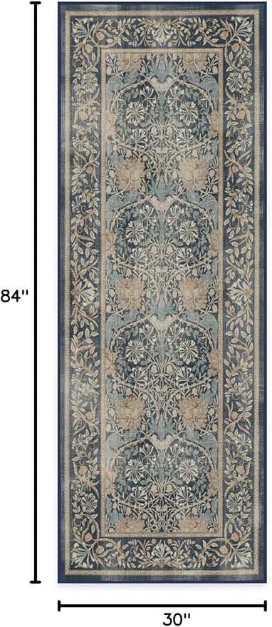 RUGGABLE x Morris & Co Machine Washable Runner Rug – Honeysuckle & Tulip Blue 2.5x7, Stain-Resistant, Non-Slip – Washable Rug for Hallway, Entryway, Living Room & Kitchen–with Standard Pad