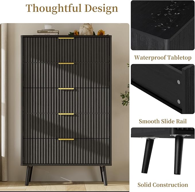 LYNSOM Fluted Dresser and Nightstand Sets 3 Piece, 5-Drawers Dresser and 2-Drawer Nightstands Set of 2, Wood Bedroom Furniture Set for Home, Bedroom, Hallway, Black