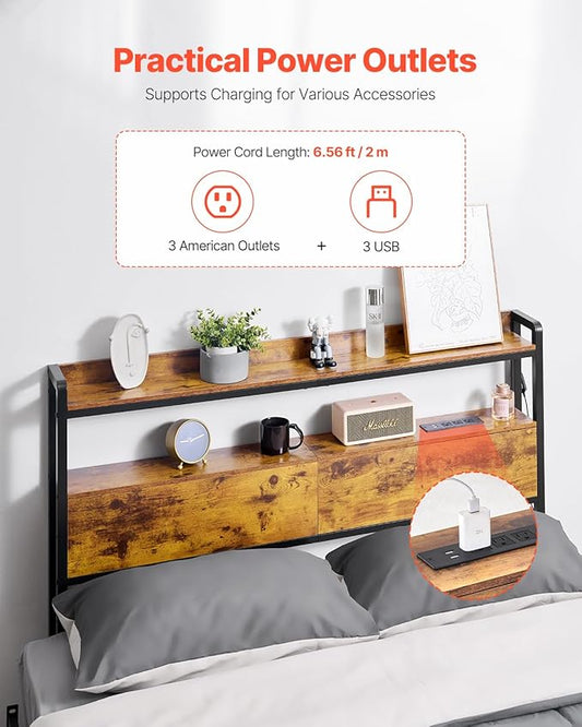 VEVOR Headboard for Full Size Bed, Adjustable Height Headboard with 2 Shelves Storage, Freestanding Head Board with Charging Station and LED Light for Different Bed Frames, Easy Assembly, Brown