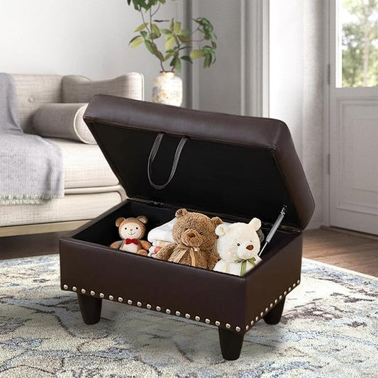 Faux Leather Storage Ottoman with Nailhead Trim, 28.5"X19.5"X17.5" Footrest Stool, Hidden Storage Foot Stool for Living Room, Bedroom Furniture, Red-Brown