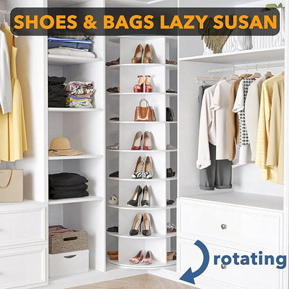 SpaceAid 8 Tier Rotating Shoe Rack Tower, Spinning Shoe Display Lazy Susan, Revolving 360 Shoe Rack Storage Round Carousel, Vertical Handbag Rotate Shoes Closet Organization (8-Tier White)
