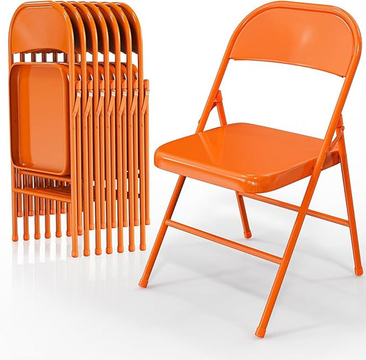 VINGLI Folding Chairs All Steel Metal Frame, Capacity 350 lbs, Durable Portable and Versatile for Indoor Outdoor Use, Orange, Set of 8