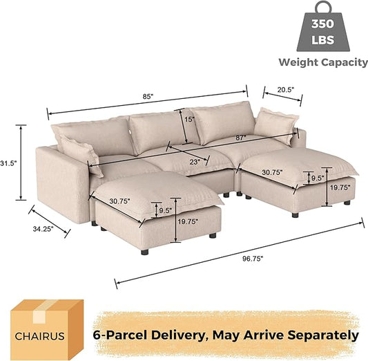 chairus 97" Modular Sectional Sofa with 2 Moveable Ottoman Upholstered Deep Seat Linen Couch Set with Soft Pillows U Shaped Sofa Couch for Living Room, Apartment, Reception Room, 3-Seater/Oatmeal