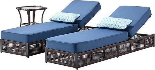 Luxury Outdoor Chaise Lounge Chairs of 2 with 5 Inch Thick Cushions and Side Table - 3 PCS High Back Brown Wicker Patio Recliners Lounger Furniture Set for Poolside Sunbathing - Navy Blue
