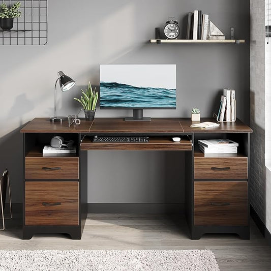 Bestier 59” Computer Desk with 4 Drawers, Office Desk with Storage, Industrial Executive Desk with File Drawer, Keyboard Tray & 2 Pedestals for Home Office & Studio, Cherry