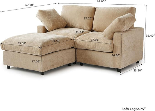 WJShome Sectional Couches for Living Room, 67 Inch Loveseat Sofa with Ottoman, Modern Chenille Fabric & Double Layer Cushions, Modular Couch for Apartment/Bedroom，Khaki