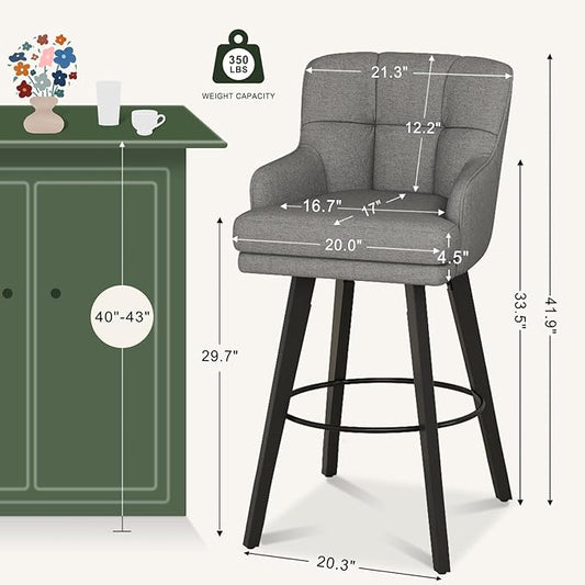 360°Swivel Counter Height Bar Stools with Back, 30 inch Solid Wood Legs, Bar Stool Modern Kitchen Island Chairs, Fabric (Mid-Grey- Fabric, 30" H- Set of 2)