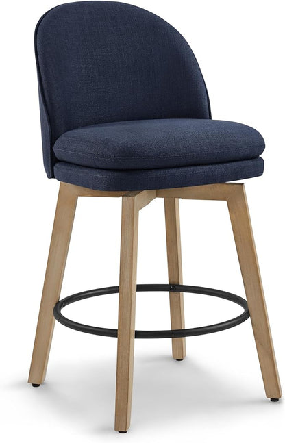 Counter Height Barstools 26 inch Upholstered Swivel Bar Stools with Back and Wood Legs for Kitchen Island,Set of 1,Blue Fabric-Armless