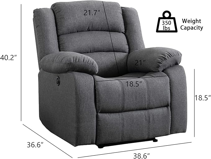 EBELLO Classic Power Recliner Chair, Oversized Electric Overstuffed Chair with Soft Cushion and Back, Sofa with Comfortable Armchair, Gray