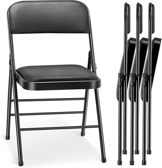 cyclone sound 4 Pack Folding Chairs with PU Padded Cushion and Back, Commercial Grade Metal Chairs with Comfortable PU Leather Cushion for Home and Office, for Indoor and Outdoor Events (4, Black-PU)