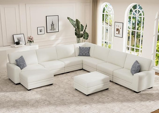 Wanderwell Oversized Modular Sectional Sofa, 9-Seater U Shaped Couches with Movable Ottoman,Corduroy Sectional Couch with Wide and Deep Seats Suitable for Living Room,Bedroom,Apartment (Cream, U-9)
