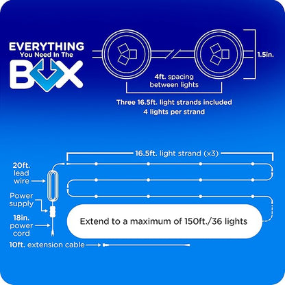 Enbrighten Vibe Eternity Accent Permanent Outdoor Lights for House, 50ft, 12 RGBWIC LEDs, Wide Spacing, 94lm, Tunable White, Everyday Eave Lighting, Smart App, Works with Alexa, Google Home, 85709