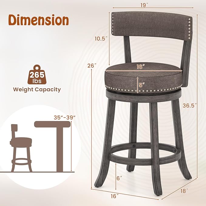 COSTWAY Bar Stools Set of 2, Upholstered Farmhouse Bar stools w/Cushioned Seat & Backrest, Solid Wood Legs, Footrest, 26” Counter Height Swivel Stools for Kitchen Island, Pub (2, 26'' Seat Height)