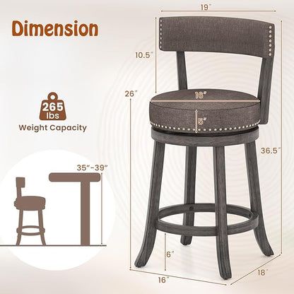 COSTWAY Bar Stools Set of 4, Upholstered Farmhouse Bar stools with Cushioned Seat & Backrest, Solid Wood Legs, Footrest, 26” Counter Height Swivel Stools for Kitchen Island, Pub (4, 26'' Seat Height)