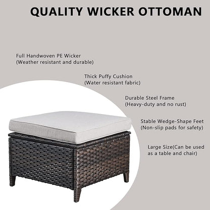 Rilyson Wicker Outdoor Patio Furniture Set - 5 Piece Patio Conversation Sets with Swivel Rocker Chairs, Ottomans and Side Table, 6 inch Cushions, Waterproof Wicker, for Porch Deck Brown/Beige
