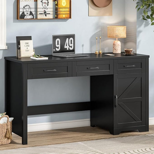Farmhouse 59" Executive Desk,Computer Desk with 3 Drawers and Storage Cabinet,Workspace for Home Office and Study. Pure Black
