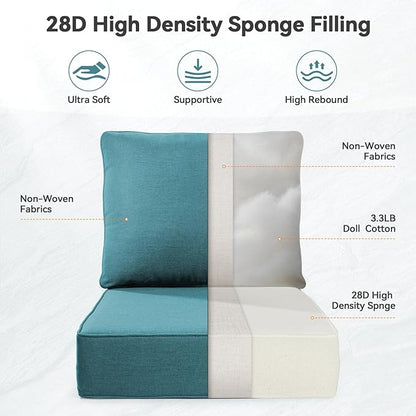 Luxury 6" Outdoor Cushions for Patio Furniture, 24x24x6" Thick Seat Cushion Set of 9, Fade Resistant Couch Chair Replacement Cushions High Density Deep Wicker Chair Cushion w/ Removable Cover, Green