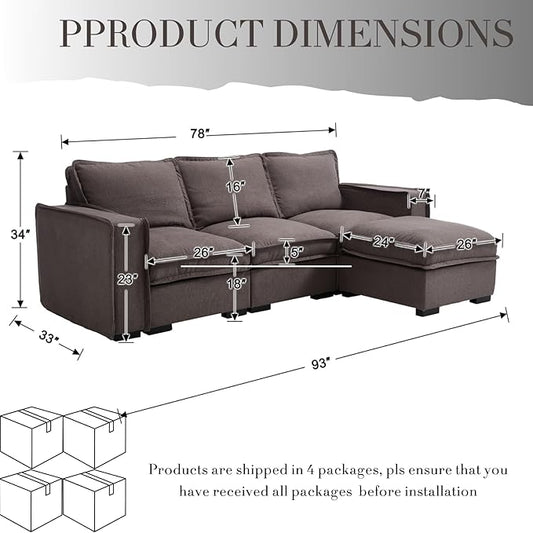 Modern Sectional Sofa for Living Room, Upholstered 3-Seater Modular Couches Linen Fabric L-Shaped Sofa with Ottoman for Home Furniture, Grey