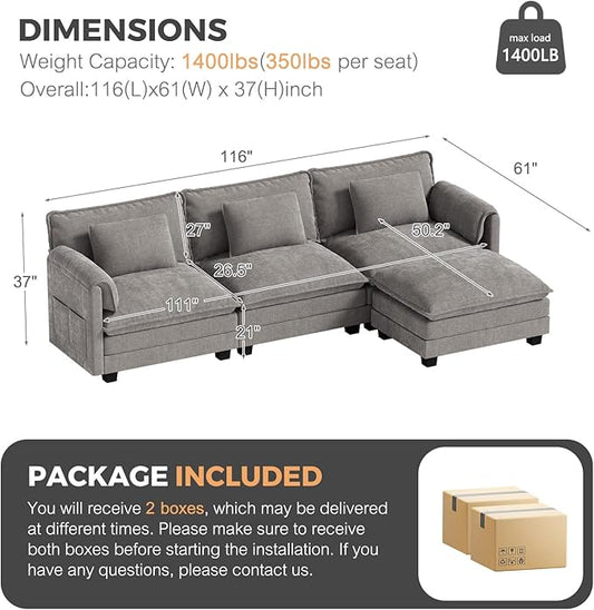 ELUCHANG 113" Modular Sectional Sofa, Comfy Cloud Couch, L Shaped Deep Seat Sofa Couches for Living Room, 4-Seater Modern Sofa with Movable Ottoman, DIY Combination - Chenille Light Grey