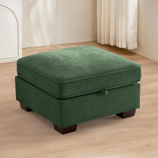 TEKAMON 27.5" Storage Ottoman, Square Footrest with Sponge Padded Seat, Chenille Fabric Step Stool for Sofa, Bedroom, Living Room, Entryway, Modern Change Shoes Stool, Wood Legs, (Green)