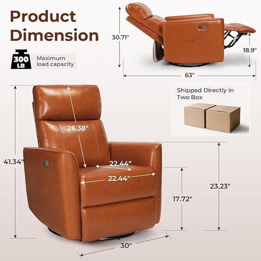 Homdox Power Recliner Chair Swivel Glider with Massage and Heat, Living Room Nursery Reclining Chair with USB, Faux Leather, for Small Spaces, Orange-Brown