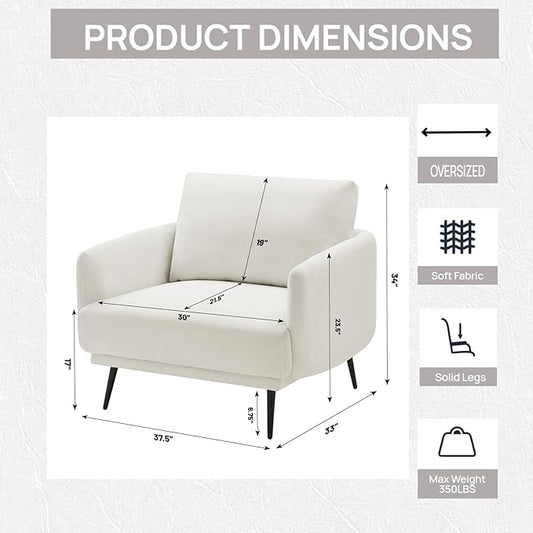 Mid-Century Accent Chair,Modern Oversized Armchair for Living Room,Comfy Upholstered Reading Accent Chairs for Bedroom,Single Sofa Chair (White-1PACK)