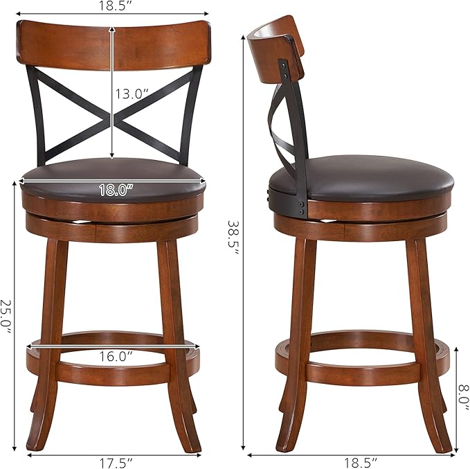COSTWAY Bar Stool Set of 4, 360-Degree Swivel Solid Wood Stools with Soft Cushion & Backrest, 25”Height Kitchen Counter Bar Stools for Kitchen Island, Pub, and Restaurant (4, 25 inch)