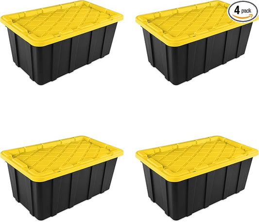 Sterilite 38 Gal Industrial Tote, Stackable Storage Bin with Snap-Fit Lid for Garage, Basement & Attic Storage, Black Base and Yellow Lily Lid, 4-Pack