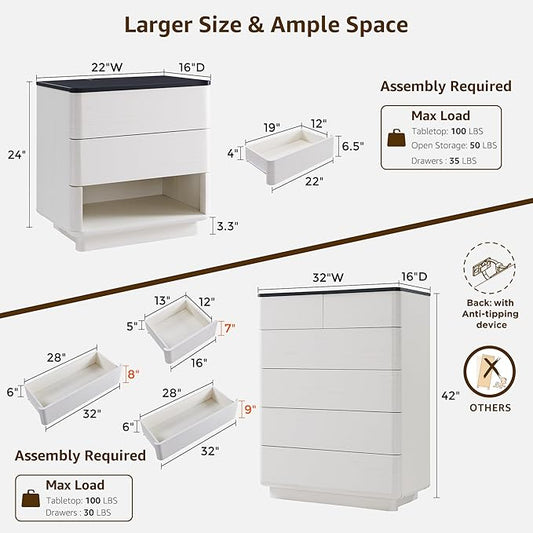 ACCOHOHO Modern Bedroom Set, 3 Pieces Bedroom Furniture Set, Wood 6 Drawer Dresser and Nightstands Set of 2, Chest of Drawers Wide Storage Organizer Cabinet for Bedroom, White
