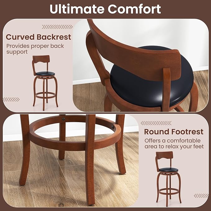 COSTWAY Bar Stools Set of 4, 29 Inch Swivel Bar Height Chairs with Rubber Wood Frame, Upholstered Seat, High Back Barstools for Kitchen Island, Home Bar, Pub, Brown (4, Seat Height: 29”)