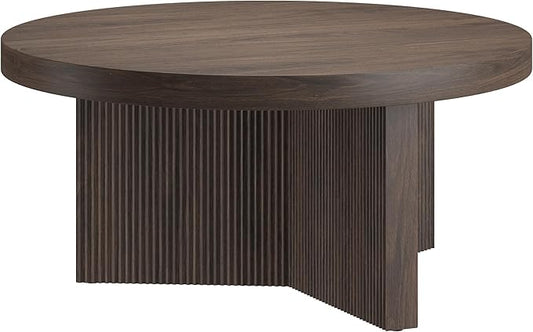 Henn&Hart 32" Fluted Round Low-Profile Coffee Table with Ribbed Pedestal Base Living Room, Family Room, Office, or Apartment, Alder Brown