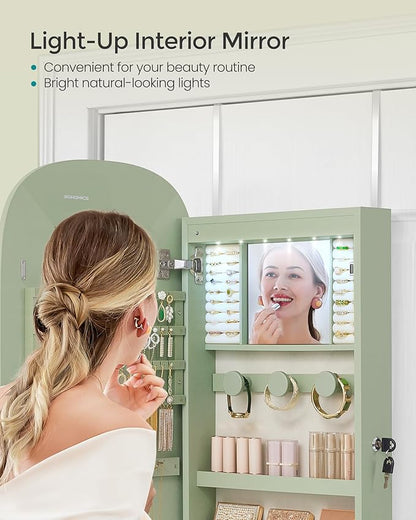 SONGMICS Jewelry Organizer, LED Jewelry Cabinet Wall/Door Mounted, Lockable Rounded Wide Mirror with Storage, Christmas Gift 3.9 x 16.5 x 42.5 Inches, Laurel Green Surface with Cream White Lining