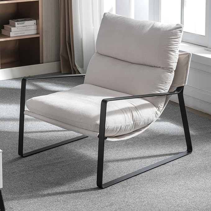 LukeAlon Modern Linen Accent Armchair, Upholstered Soft Living Room Chair with Metal Base Removable Thickened Cushion Single Sofa Chair Comfy Lounge Chair for Bedroom Living Room, White