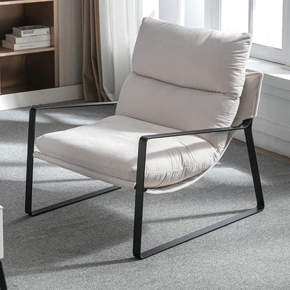 LukeAlon Modern Linen Accent Armchair, Upholstered Soft Living Room Chair with Metal Base Removable Thickened Cushion Single Sofa Chair Comfy Lounge Chair for Bedroom Living Room, White