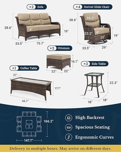 HILLGA Luxury Patio Furniture Set with 6-inch Thick Cushion, Outdoor Couch and High Back Swivel Rocker Patio Chairs, 11PCS Wicker Conversation Set for Deck Yard and Poolside, Beige (V2)