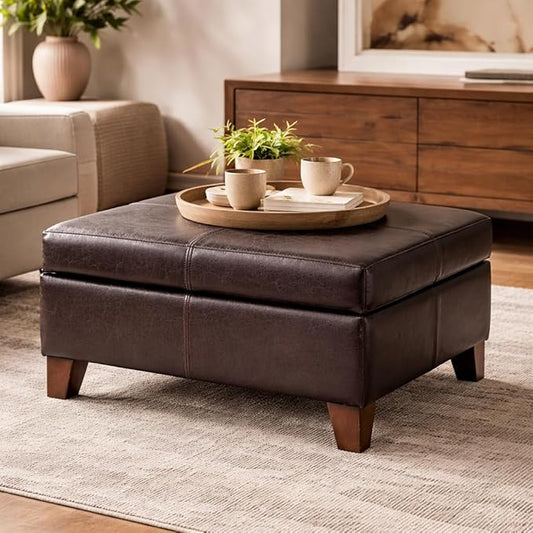 HomePop Faux Leather Square Storage Ottoman with Wood Legs, Distressed Brown
