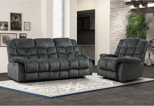 EBELLO Manual Recliner Couch Set, Soft Fabric Reclining Living Room Sofa Set, Included Single Recliner Chair and 3PC Bonded Sofa Couch, Grey Green