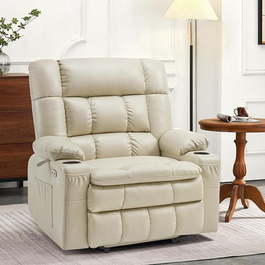 MCombo Dual Motor Power Lift Recliner Chair for Elderly, Lay Flat Lift Chair with Heat and Massage, Petite Wide Lift Chair, Cup Holders, USB A&C Ports, Faux Leather R7894 (Cream White, Small-Wide)