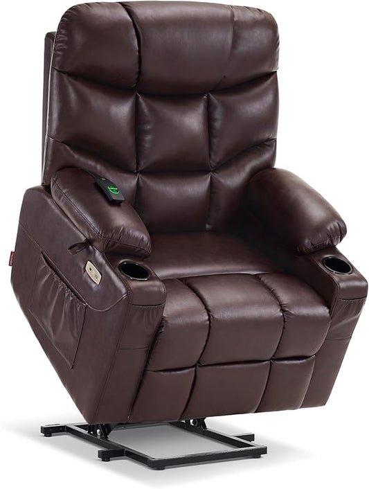 MCombo Power Lift Recliner Chair with Extended Footrest for Elderly People, Faux Leather 7287 (Dark Brown, Medium)