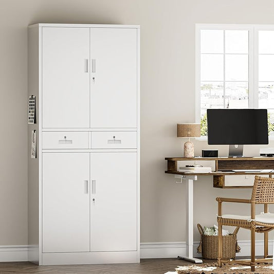 Metal Storage Cabinet with 2 Drawers 71" H,White Metal Garage Cabinets with 2 Lockable Doors and Adjustable Shelves Easy to Assemble for Home Office, Kitchen,Pantry,Garage,Warehouse