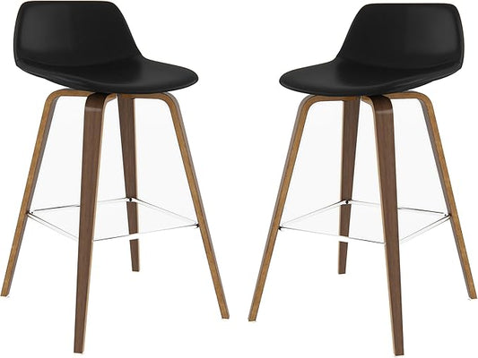SIMPLIHOME Randolph Counter Stools (Set of 2) - 28 Inch Seat Height Upholstered Bentwood Kitchen Seats in Black Vegan Faux Leather, Mid Century Modern Seating with Curved Backrest and Chrome Footrest