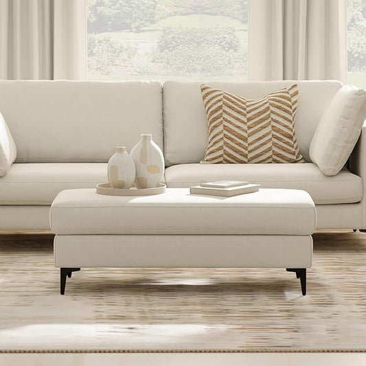 SIMPLIHOME Ava Large Rectangular Ottoman in 100% Recycled Polyester Tightly Woven Performance Fabric, Cream, 48-inches Wide, Multipurpose Table or Footrest Ottoman, Assembled, For Living Room