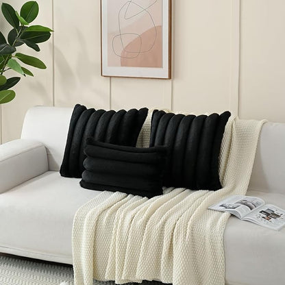 FUTEI Black Decorative Throw Pillow Covers 22x22 Inch Set of 2, Square Soft Faux Rabbit Fur Thick Striped Cushion Cover,Winter Home Decor for Couch Bed Living Room